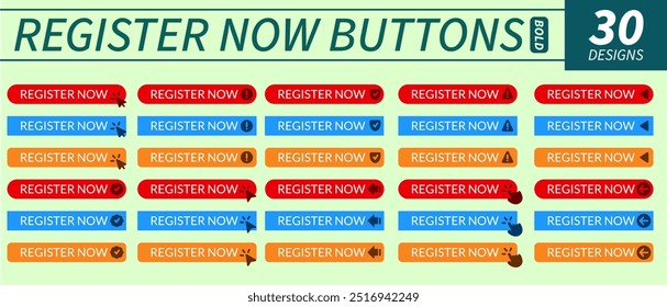 Conjunto completo de botões Registrar agora com ponteiro de mão, ponteiro de seta e outros ícones relacionados em negrito design