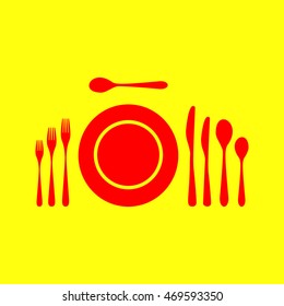 Complete set of silverware for dinner. Red on yellow background. SUPER.