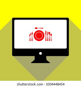 Complete set of silverware for dinner. Vector. Red icon on white monitor of black all-in-one desktop computer with two shadows at yellow background.