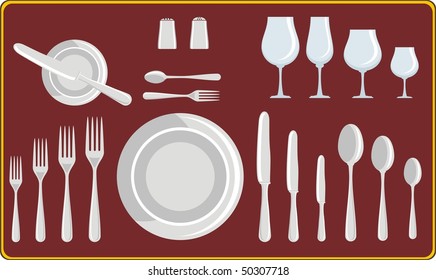 complete set of silverware for dinner in vector design. Dish, knives, spoons and forks. Tableware