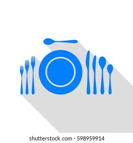 Complete set of silverware for dinner. Vector. Azure icon with flat style shadow path on white background.