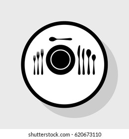 Complete set of silverware for dinner. Vector. Flat black icon in white circle with shadow at gray background.