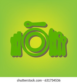 Complete set of silverware for dinner. Vector. Green line icon with brown shadow at green-yellow background.