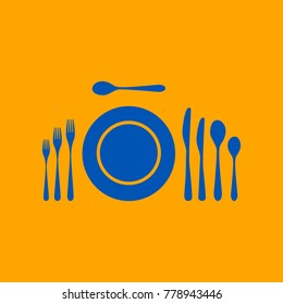 Complete set of silverware for dinner. Vector. Medium teal blue icon on orange background.