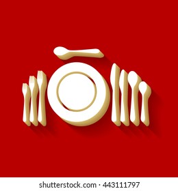 Complete set of silverware for dinner. White button icon with wood color and shadow on dark red background.