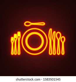 Complete set of silverware for dinner. Yellow, orange, red neon icon at dark reddish background. Illumination. Illustration.