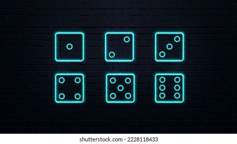 A complete set of six neon, blue dice set against a dark brick wall.