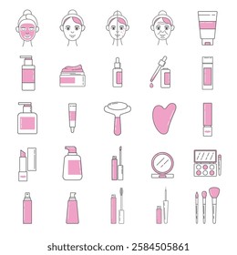 A complete set of skincare and beauty-related icons in a minimalistic and modern style. 