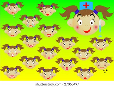 complete set of smiles face of girl laughter, am ill, grusno, gladness, terrible et al