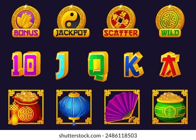 A complete set of symbols for the Chinese slot game. Here are the jackpot, bonus, wild and scatter symbols. Twelve Chinese Icons for Game Development