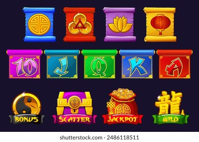 A complete set of symbols for the Chinese slot game. Jackpot, bonus, wild and scatter symbols. Colored Chinese Icons for Game Development