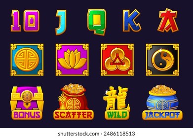 A complete set of symbols for the Chinese slot game. Here are the jackpot, bonus, wild and scatter symbols. Colored Chinese Icons for Game Development