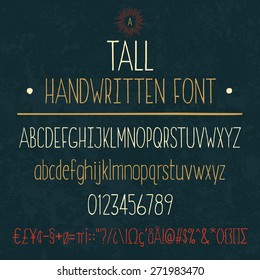 Complete set of tall handwritten letters and numbers with symbols