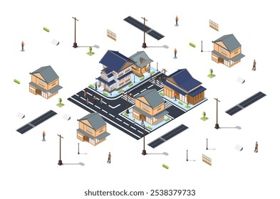 complete set of traditional japanese buildings with .isolated, houses and trees, armchairs and street, plants and electric poles, people walking, isometric style