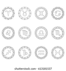 complete set twelve signs of zodiac symbols in round frames - black and white outline - adult coloring book page