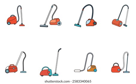 A complete set of vacuum cleaner icons, perfect for home cleaning, cleaning services, and household maintenance designs.