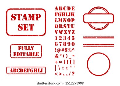 Complete set of vector elements needed to create red rubber stamps with texture