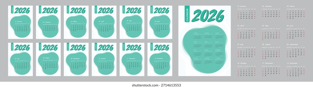 Un conjunto completo de vibrantes Plantillas anuales y mensuales de 2026 en un estilo moderno
