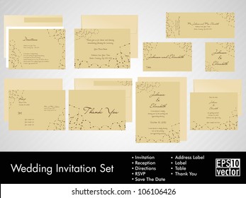 Vollständige Sammlung von Hochzeitseinladungen oder Ankündigungen mit blumengeschmückten Kunstwerken. EPS10.