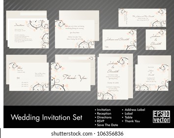 Complete set of wedding invitations or announcements with floral decorative artwork. EPS 10.
