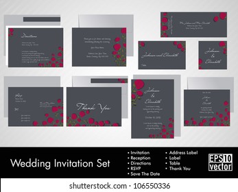 Vollständige Sammlung von Hochzeitseinladungen oder Ankündigungen mit blumengeschmückten Kunstwerken. EPS10.