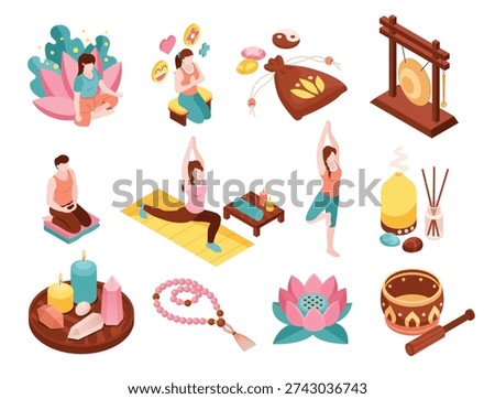 Complete set of yoga characters lotus flowers candles crystals gong and wellness accessories in isometric illustration style