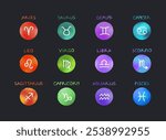 A complete set of zodiac symbols in vector, featuring all 12 astrological signs. Each icon is presented in a distinct watercolor circle with matching text, using a color-coded system from red to blue.