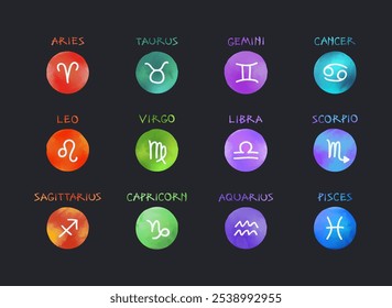 A complete set of zodiac symbols in vector, featuring all 12 astrological signs. Each icon is presented in a distinct watercolor circle with matching text, using a color-coded system from red to blue.