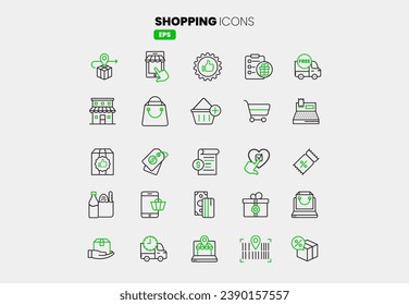 Colección completa de iconos de compras: Impulse sus visualizaciones empresariales instantáneamente, compra en línea, tienda, entrega, promoción y símbolo del carro de la compra vector EPS 10