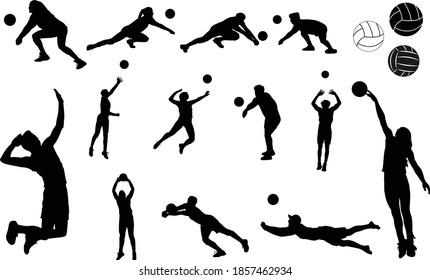 Complete silhouette set of volleyball players