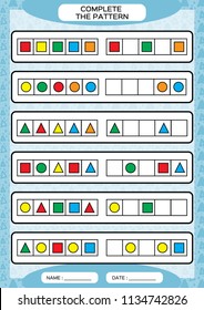 Complete simple repeating patterns. Worksheet for preschool kids. Practicing motor skills, improving skills tasks. Complete the pattern with geometrical 5 shapes. Draw and color, Blue background.