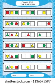 Complete simple repeating patterns. Worksheet for preschool kids. Practicing motor skills, improving skills tasks. Complete the pattern with geometrical 3 shapes. Draw and color, Blue background.