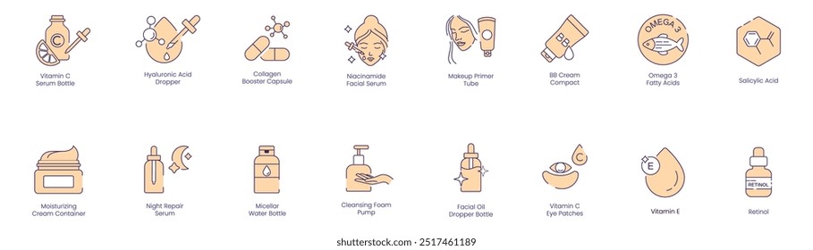 Iconos de rutina de cuidado de la piel completa: Vitamina C, ácido hialurónico, colágeno, niacinamida, imprimación de maquillaje, BB Cream, Omega-3, ácido salicílico, suero hidratante de reparación nocturna, espuma limpiadora, aceite facial