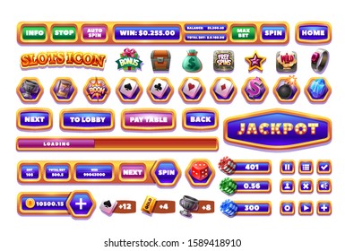 Complete slots Game UI kit. Set of gold buttons and icons on a bulky background.