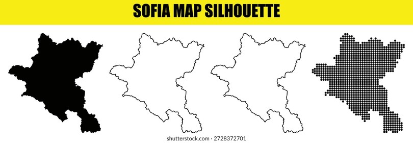 Complete sofia map silhouette collection with four professional styles including solid fill and geometric dot patterns ideal for bulgarian metropolitan cartography and travel projects