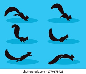 Complete squirrel jump cycle silhouette in a blue background