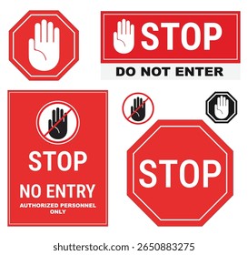 Complete STOP sign bundle with classic octagon, horizontal, and modern styles. Ideal traffic and safety vectors ready for print or digital use in roads, construction, and public zones.