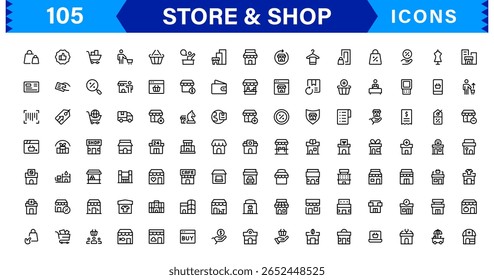 Complete Store Shop Icon Collection with Shopping Cart, Cash Register, Product Tags, and Sale Icons.