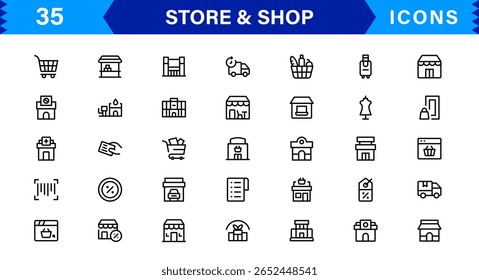 Complete Store Shop Icon Collection with Shopping Cart, Cash Register, Product Tags, and Sale Icons.