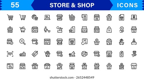 Completa la Colección de íconos de tienda con Carrito de compras, caja registradora, etiquetas de Producto e íconos de venta.
