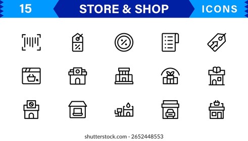 Completa la Colección de íconos de tienda con Carrito de compras, caja registradora, etiquetas de Producto e íconos de venta.