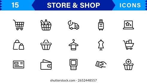 Completa la Colección de íconos de tienda con Carrito de compras, caja registradora, etiquetas de Producto e íconos de venta.