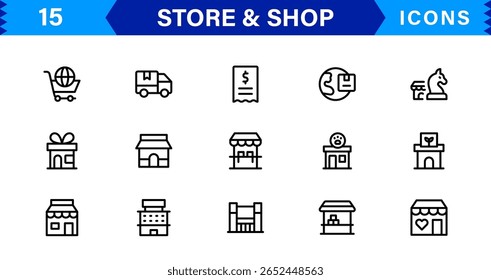 Komplette Shop-Icon-Kollektion mit Warenkorb, Registrierkasse, Produkt-Tags und Verkaufs-Icons.