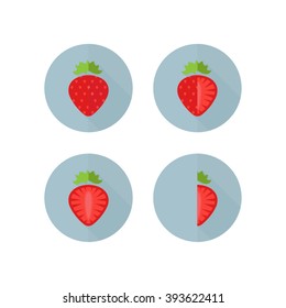 Complete strawberry, three-quarter strawberry ,half strawberry, fourth strawberry fruit icon set. Flat design with long shadow effect in stylish colors of web design objects.