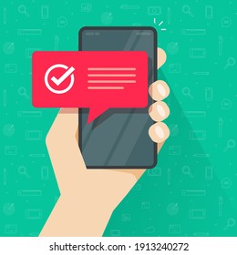 Complete Success Smart Cell Phone Tick Mark Or Check Mark Notification Notice With Text Vector Flat Cartoon Illustration, Concept Checkbox Approved Note, Validated Or Accepted Message  