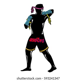 The complete suit of black silhouette Muay thai character in Spinning elbow posture.(EPS10 art vector)