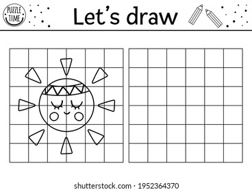 Complete the sun picture. Vector drawing practice worksheet. Spring printable black and white activity for pre-school children. Copy the picture game for kids with cute planet


