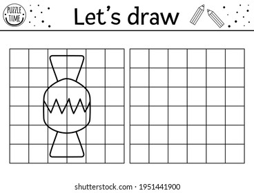 Complete the sweet picture. Vector drawing practice worksheet. Printable black and white activity for pre-school children. Copy the picture game for kids with cute candy


