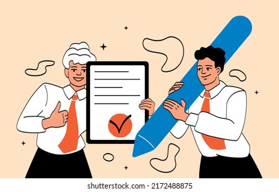 Complete task concept. Male and female entrepreneurs finish projects, tick off document and achieve success. Job done. Checklist or to do list. Productive employees. Cartoon flat vector illustration