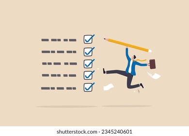 Complete task get work done, accomplish work or finish checklist, project management or good result survey, productive concept, happy businessman jumping high after completed tasks or accomplish work.